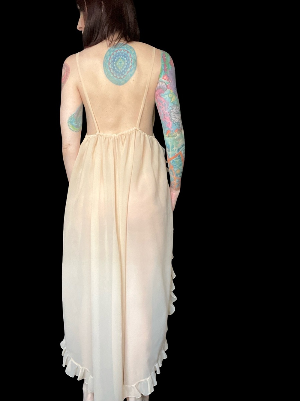 Vintage CHLOE 1970 Ivory Pink Chiffon Ruffled Slip Dress Peignoir Karl Lagerfeld - Picture 9 of 16